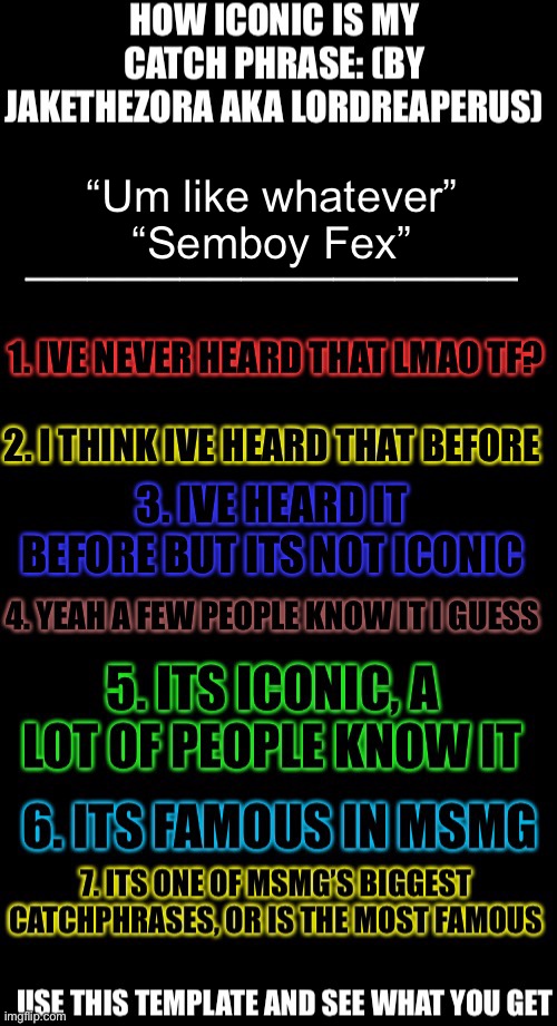 How iconic is my catchphrase | “Um like whatever”
“Semboy Fex” | image tagged in how iconic is my catchphrase | made w/ Imgflip meme maker