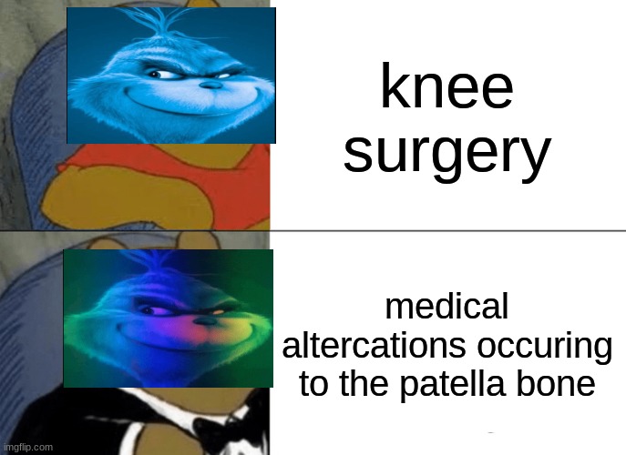 pretend this meme is still relevant | knee surgery; medical altercations occuring to the patella bone | image tagged in memes,tuxedo winnie the pooh,knee surgery,blue grinch | made w/ Imgflip meme maker