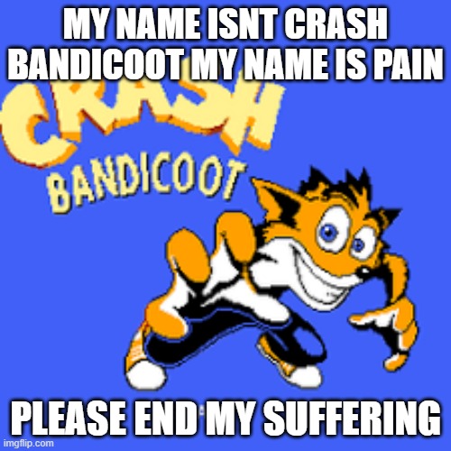 crash has mental breakdown | MY NAME ISNT CRASH BANDICOOT MY NAME IS PAIN; PLEASE END MY SUFFERING | image tagged in 8 bit crash | made w/ Imgflip meme maker