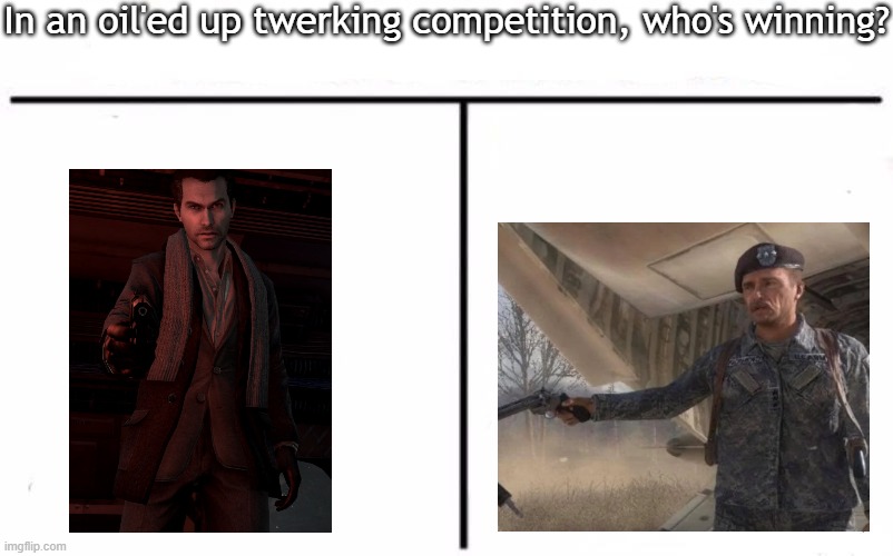 Vladimir Makarov vs General Sheperd | In an oil'ed up twerking competition, who's winning? | image tagged in who would win blank,msmg,memes | made w/ Imgflip meme maker