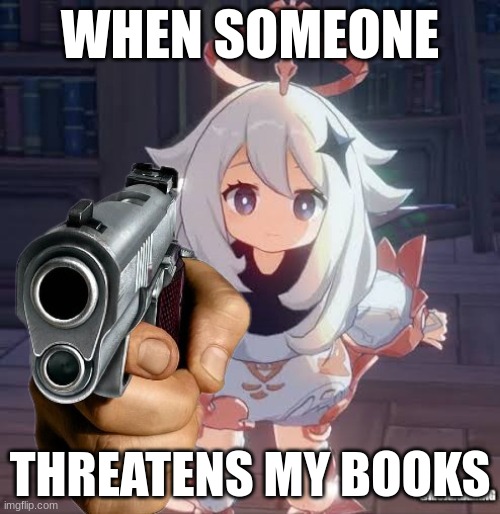 Armed Paimon | WHEN SOMEONE; THREATENS MY BOOKS | image tagged in armed paimon | made w/ Imgflip meme maker