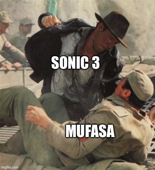 Sonic versus Mufasa | SONIC 3; MUFASA | image tagged in indiana jones punching nazis | made w/ Imgflip meme maker