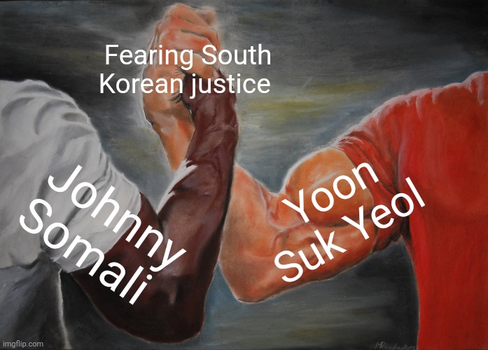 Facing the consequences of their actions. | Fearing South Korean justice; Yoon
Suk Yeol; Johnny Somali | image tagged in memes,epic handshake,internet troll,president,arrested,impeachment | made w/ Imgflip meme maker