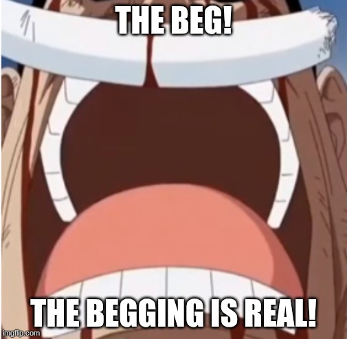 THE BEG! THE BEGGING IS REAL! | image tagged in one piece is real | made w/ Imgflip meme maker