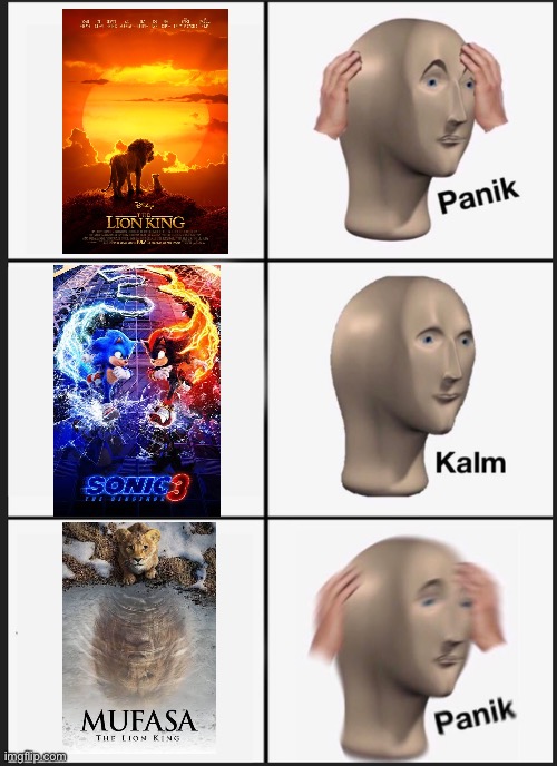 The Lion King, Sonic, and Mufasa panic calm panic memes | image tagged in memes,panik kalm panik | made w/ Imgflip meme maker