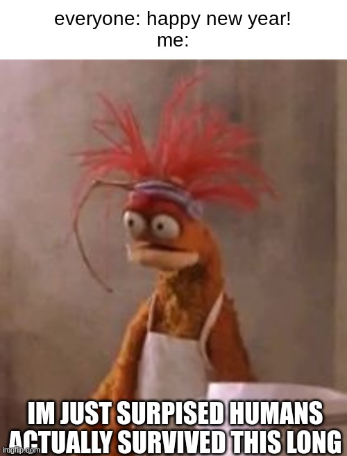 we should be dead by now | everyone: happy new year!
me:; IM JUST SURPISED HUMANS ACTUALLY SURVIVED THIS LONG | image tagged in pepe the king prawn,new year,happy new year,relatable,end of the world | made w/ Imgflip meme maker