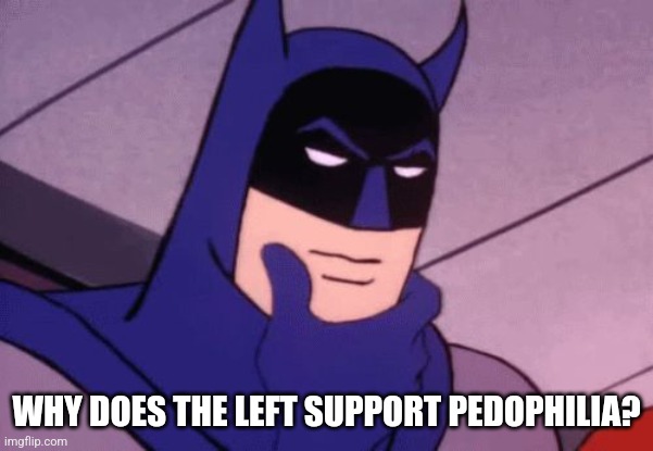 A good question. | WHY DOES THE LEFT SUPPORT PEDOPHILIA? | image tagged in batman pondering,pedophiles,leftists | made w/ Imgflip meme maker