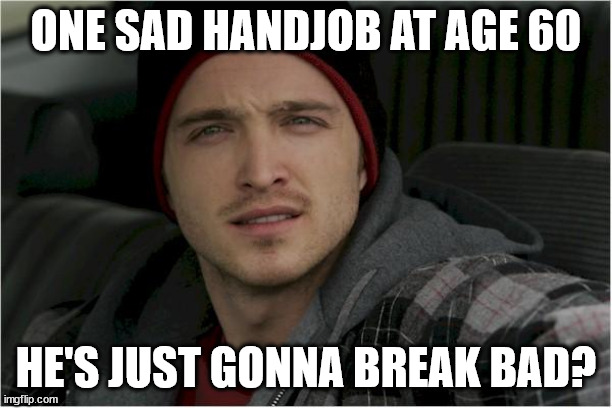 Jesse Pinkman Jesse | ONE SAD HANDJOB AT AGE 60; HE'S JUST GONNA BREAK BAD? | image tagged in jesse pinkman jesse | made w/ Imgflip meme maker