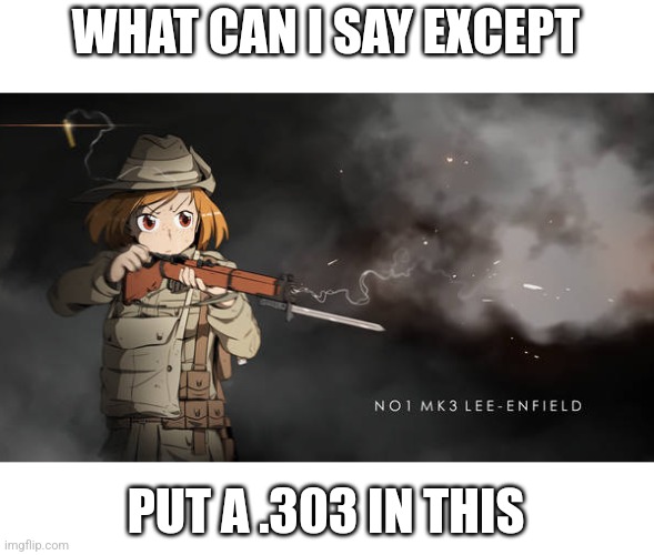 Anime girl with smoking rifle | WHAT CAN I SAY EXCEPT PUT A .303 IN THIS | image tagged in anime girl with smoking rifle | made w/ Imgflip meme maker