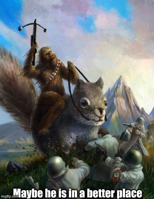 Wookie riding a squirrel killing nazis. Your argument is invalid | Maybe he is in a better place | image tagged in wookie riding a squirrel killing nazis your argument is invalid | made w/ Imgflip meme maker