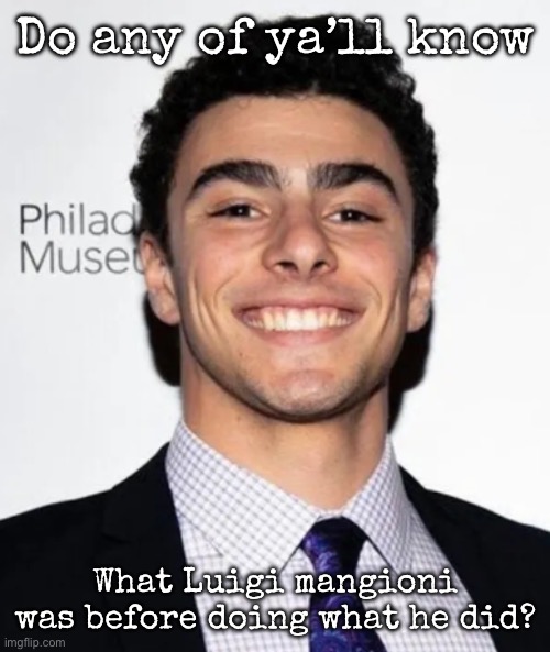 Luigi Mangioni | Do any of ya’ll know; What Luigi mangioni was before doing what he did? | image tagged in luigi mangioni,msmg | made w/ Imgflip meme maker