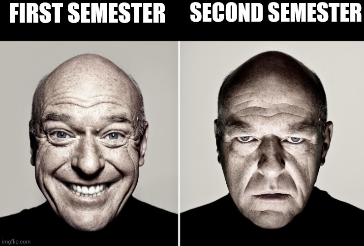 Dean Norris's reaction | FIRST SEMESTER; SECOND SEMESTER | image tagged in dean norris's reaction | made w/ Imgflip meme maker