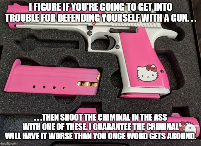 The worst thing to happen to a criminal is a humiliating way on how he or she got stopped. | I FIGURE IF YOU'RE GOING TO GET INTO TROUBLE FOR DEFENDING YOURSELF WITH A GUN. . . . . .THEN SHOOT THE CRIMINAL IN THE ASS WITH ONE OF THESE. I GUARANTEE THE CRIMINAL WILL HAVE IT WORSE THAN YOU ONCE WORD GETS AROUND. | image tagged in politics,political meme,political humor,hello kitty,guns,dank memes | made w/ Imgflip meme maker