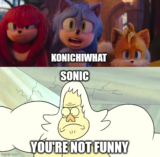 Skips: Sonic, you're NOT funny | KONICHIWHAT; SONIC; YOU'RE NOT FUNNY | image tagged in sonic the hedgehog,regular show,sonic movie,funny,memes | made w/ Imgflip meme maker