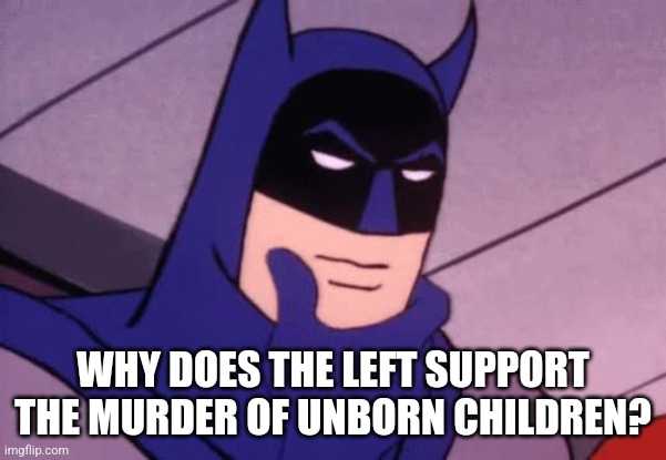 A good question. | WHY DOES THE LEFT SUPPORT THE MURDER OF UNBORN CHILDREN? | image tagged in batman pondering,abortion,abortion is murder,murder,leftists | made w/ Imgflip meme maker