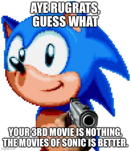 YOUR THIRD MOVIE IS NOTHING PARAMOUNT, IN 2003! YOU SHOULD KILL YOURSELF NOW NICKELODEON. | AYE RUGRATS, GUESS WHAT; YOUR 3RD MOVIE IS NOTHING, THE MOVIES OF SONIC IS BETTER. | image tagged in sonic with a gun | made w/ Imgflip meme maker