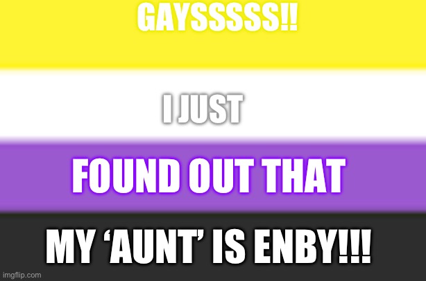 Do I call them ‘moms sibling’? Idk, my family just keeps getting queerer. Take THAT homophobic sister! | GAYSSSSS!! I JUST; FOUND OUT THAT; MY ‘AUNT’ IS ENBY!!! | image tagged in non binary,yay | made w/ Imgflip meme maker