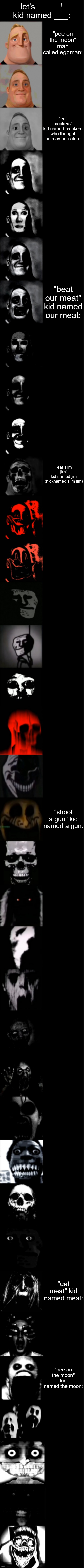 suggest more so i can finish it plz :D | let's _____! kid named ___:; "pee on the moon" man called eggman:; "eat crackers"
kid named crackers who thought he may be eaten:; "beat our meat" kid named our meat:; "eat slim jim"
kid named jim (nicknamed slim jim); "shoot a gun" kid named a gun:; "eat meat" kid named meat:; "pee on the moon" kid named the moon: | image tagged in mr incredible becoming uncanny super extended hd | made w/ Imgflip meme maker