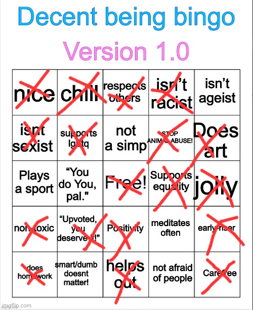 Decent being bingo | image tagged in decent being bingo | made w/ Imgflip meme maker