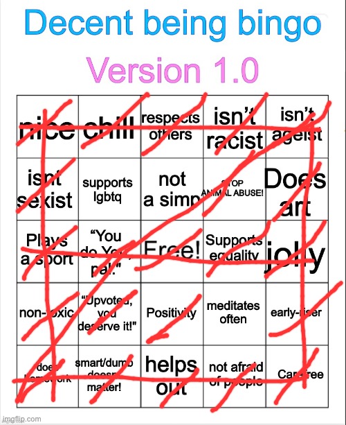 Decent being bingo | image tagged in decent being bingo | made w/ Imgflip meme maker