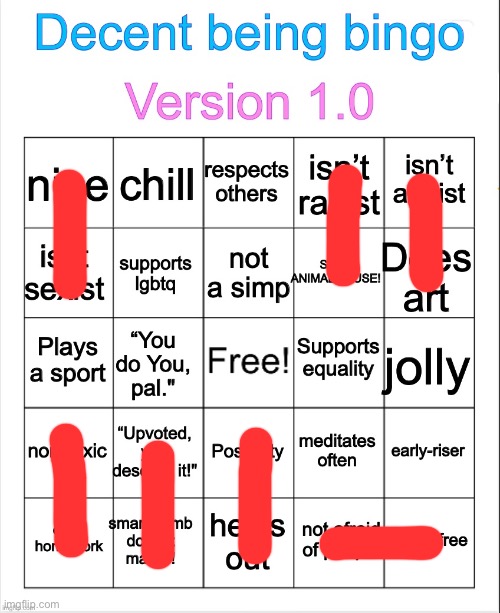 Decent being bingo | image tagged in decent being bingo | made w/ Imgflip meme maker