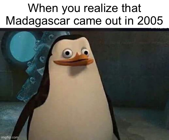 Madagascar penguin | When you realize that Madagascar came out in 2005 | image tagged in madagascar penguin | made w/ Imgflip meme maker