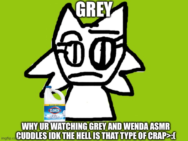 Wenda meme | GREY; WHY UR WATCHING GREY AND WENDA ASMR CUDDLES IDK THE HELL IS THAT TYPE OF CRAP>:( | made w/ Imgflip meme maker