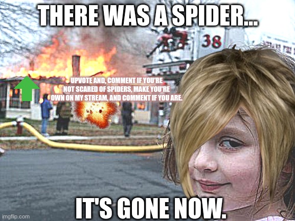 MWAHHAHAHAHAHAHA | THERE WAS A SPIDER... UPVOTE AND, COMMENT IF YOU'RE NOT SCARED OF SPIDERS, MAKE YOU'RE OWN ON MY STREAM, AND COMMENT IF YOU ARE. IT'S GONE NOW. | image tagged in memes,disaster girl | made w/ Imgflip meme maker