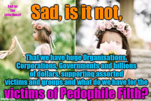 Billions are spent on WOKE groups, but next to NOTHING for the victims of Pedophiles! | And for the Little Ones? Sad, is it not, That we have huge Organisations, Corporations, Governments and billions of dollars, supporting assorted victims and groups and what do we have for the; victims of Pedophile Filth? | image tagged in hollywood,magistrates and judges,the church,politicians,the illuminati,blm | made w/ Imgflip meme maker