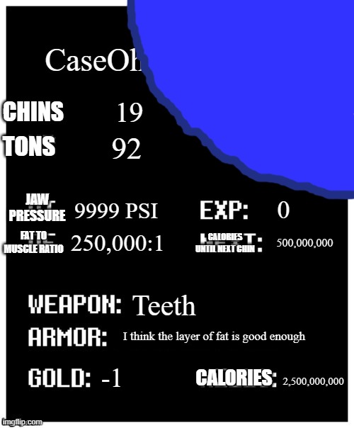 Had do downsize case so you can see 1/5 of his body | CaseOh; CHINS; TONS; 19; 92; JAW PRESSURE; 0; 9999 PSI; FAT TO MUSCLE RATIO; 250,000:1; CALORIES UNTIL NEXT CHIN; 500,000,000; Teeth; I think the layer of fat is good enough; CALORIES; -1; 2,500,000,000 | image tagged in undertale player stats | made w/ Imgflip meme maker