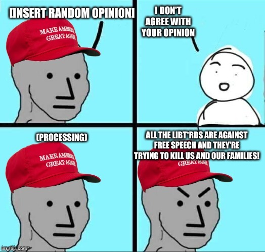 MAGA NPC (AN AN0NYM0US TEMPLATE) | [INSERT RANDOM OPINION] I DON'T AGREE WITH YOUR OPINION ALL THE LIBT*RDS ARE AGAINST FREE SPEECH AND THEY'RE TRYING TO KILL US AND OUR FAMIL | image tagged in maga npc an an0nym0us template | made w/ Imgflip meme maker