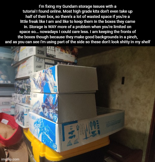 Now I won't have to go to storage as often since I can store at least twice as many | I'm fixing my Gundam storage issues with a tutorial I found online. Most high grade kits don't even take up half of their box, so there's a lot of wasted space if you're a little freak like I am and like to keep them in the boxes they came in. Storage is WAY more of a problem when you're limited on space so... nowadays I could care less. I am keeping the fronts of the boxes though because they make good backgrounds in a pinch, and as you can see I'm using part of the side so these don't look shitty in my shelf | made w/ Imgflip meme maker