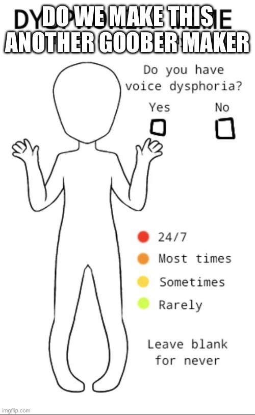 Dysphoria temp | DO WE MAKE THIS ANOTHER GOOBER MAKER | image tagged in dysphoria temp | made w/ Imgflip meme maker