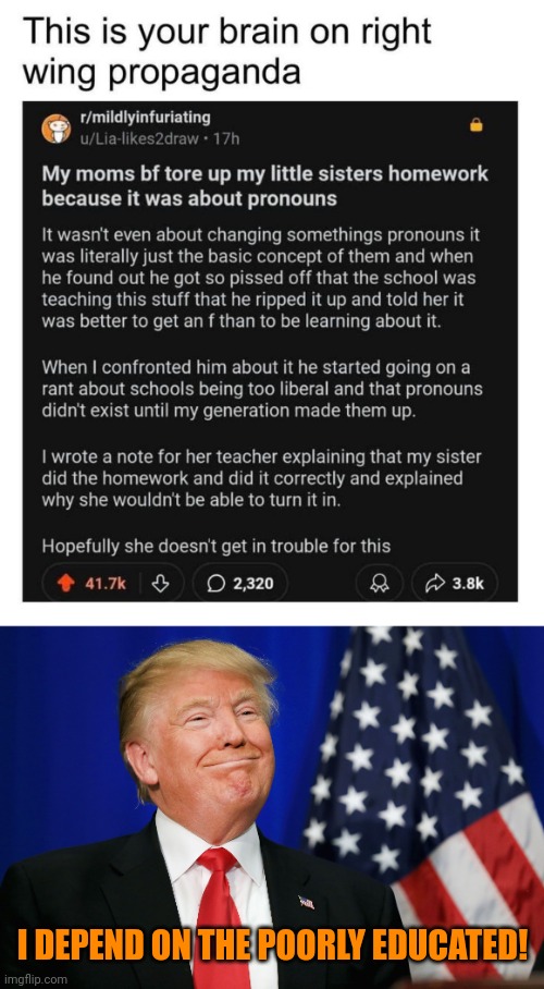 I DEPEND ON THE POORLY EDUCATED! | image tagged in smug trump,reactionary stupidity,right wing propaganda,pronouns,if those kids could read they'd be very upset | made w/ Imgflip meme maker