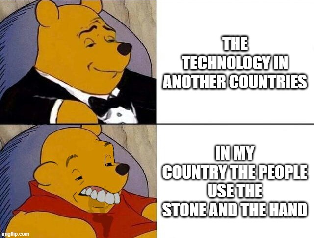 stone and hand | THE TECHNOLOGY IN ANOTHER COUNTRIES; IN MY COUNTRY THE PEOPLE USE THE STONE AND THE HAND | image tagged in tuxedo winnie the pooh grossed reverse | made w/ Imgflip meme maker