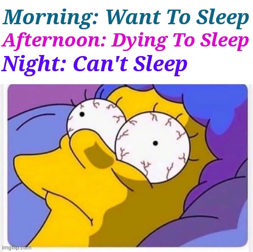 Insomnia Struggles | Morning: Want To Sleep; Afternoon: Dying To Sleep; Night: Can't Sleep | image tagged in memes,insomnia,marge simpson,the simpsons,the struggle is real | made w/ Imgflip meme maker