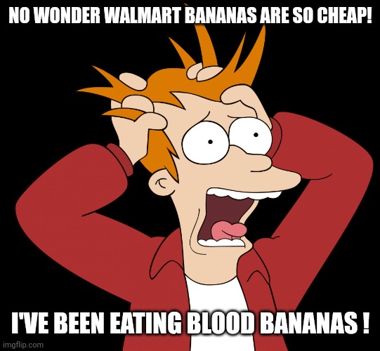 Futurama Fry Screaming | NO WONDER WALMART BANANAS ARE SO CHEAP! I'VE BEEN EATING BLOOD BANANAS ! | image tagged in futurama fry screaming | made w/ Imgflip meme maker