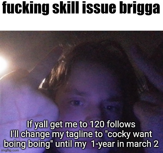 fucking skill issue brigga | If yall get me to 120 follows I'll change my tagline to "cocky want boing boing" until my  1-year in march 2 | image tagged in fucking skill issue brigga | made w/ Imgflip meme maker