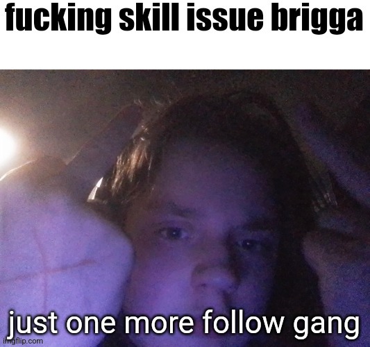 fucking skill issue brigga | just one more follow gang | image tagged in fucking skill issue brigga | made w/ Imgflip meme maker