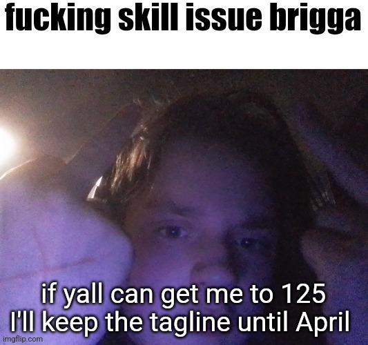 fucking skill issue brigga | if yall can get me to 125 I'll keep the tagline until April | image tagged in fucking skill issue brigga | made w/ Imgflip meme maker