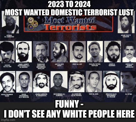 2023 TO 2024
MOST WANTED DOMESTIC TERRORIST LUST FUNNY -
I DON'T SEE ANY WHITE PEOPLE HERE | made w/ Imgflip meme maker