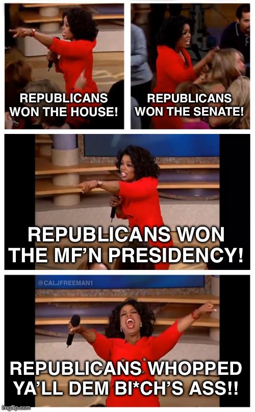 Oprah You Get A Car Everybody Gets A Car | REPUBLICANS WON THE HOUSE! REPUBLICANS WON THE SENATE! REPUBLICANS WON THE MF’N PRESIDENCY! @CALJFREEMAN1; REPUBLICANS WHOPPED YA’LL DEM BI*CH’S ASS!! | image tagged in memes,oprah you get a car everybody gets a car,maga,oprah you get a,donald trump,democrats | made w/ Imgflip meme maker