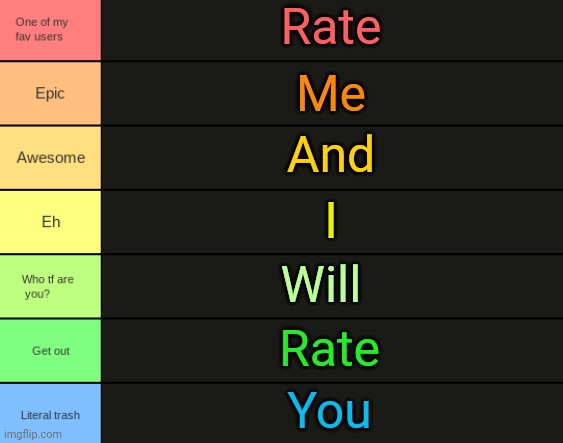 JPSpino's tier list | Rate; Me; And; I; Will; Rate; You | image tagged in jpspino's tier list | made w/ Imgflip meme maker