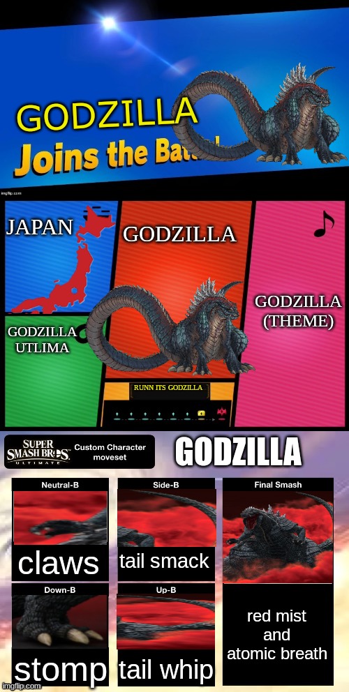 idk | GODZILLA; JAPAN; GODZILLA; GODZILLA (THEME); GODZILLA UTLIMA; RUNN ITS GODZILLA; GODZILLA; tail smack; claws; red mist and atomic breath; stomp; tail whip | image tagged in smash ultimate new fighter template | made w/ Imgflip meme maker