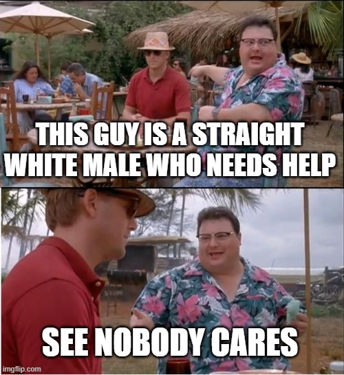 See Nobody Cares Meme | THIS GUY IS A STRAIGHT WHITE MALE WHO NEEDS HELP; SEE NOBODY CARES | image tagged in memes,see nobody cares | made w/ Imgflip meme maker