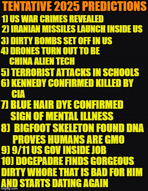 DogePadre 2025 Tentative Prediction | TENTATIVE 2025 PREDICTIONS; 1) US WAR CRIMES REVEALED
2) IRANIAN MISSILES LAUNCH INSIDE US; 3) DIRTY BOMBS SET OFF IN US
4) DRONES TURN OUT TO BE
     CHINA ALIEN TECH; 5) TERRORIST ATTACKS IN SCHOOLS
6) KENNEDY CONFIRMED KILLED BY
      CIA; 7) BLUE HAIR DYE CONFIRMED
     SIGN OF MENTAL ILLNESS
8)  BIGFOOT SKELETON FOUND DNA
      PROVES HUMANS ARE GMO; 9) 9/11 US GOV INSIDE JOB
10) DOGEPADRE FINDS GORGEOUS 
DIRTY WHORE THAT IS BAD FOR HIM
AND STARTS DATING AGAIN | image tagged in prediction,2025,reveal,terrorism,china,aliens | made w/ Imgflip meme maker