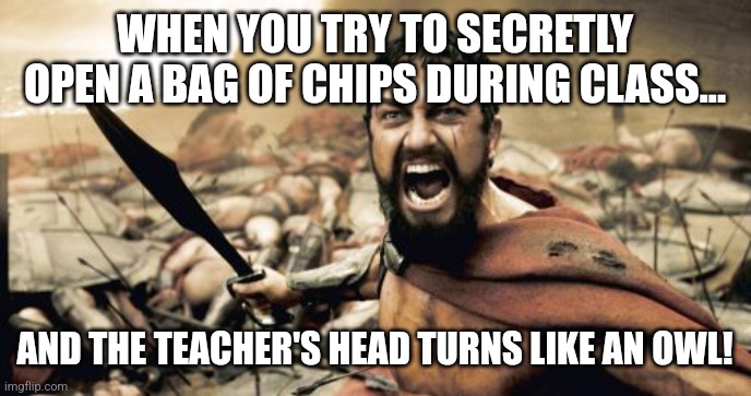 Sparta Leonidas | WHEN YOU TRY TO SECRETLY OPEN A BAG OF CHIPS DURING CLASS... AND THE TEACHER'S HEAD TURNS LIKE AN OWL! | image tagged in memes,sparta leonidas | made w/ Imgflip meme maker