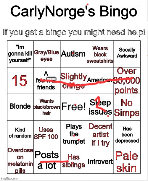 CarlyNorge's Bingo | MEDIUM | image tagged in carlynorge's bingo | made w/ Imgflip meme maker