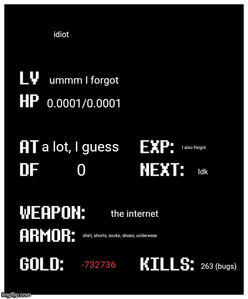 me | idiot; ummm I forgot; 0.0001/0.0001; a lot, I guess; I also forgot; 0; Idk; the internet; shirt, shorts, socks, shoes, underwear; -732736; 263 (bugs) | image tagged in undertale player stats | made w/ Imgflip meme maker