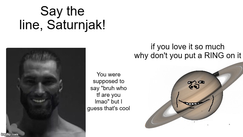 Say the line, Saturnjak! if you love it so much why don't you put a RING on it; You were supposed to say "bruh who tf are you lmao" but I guess that's cool | made w/ Imgflip meme maker